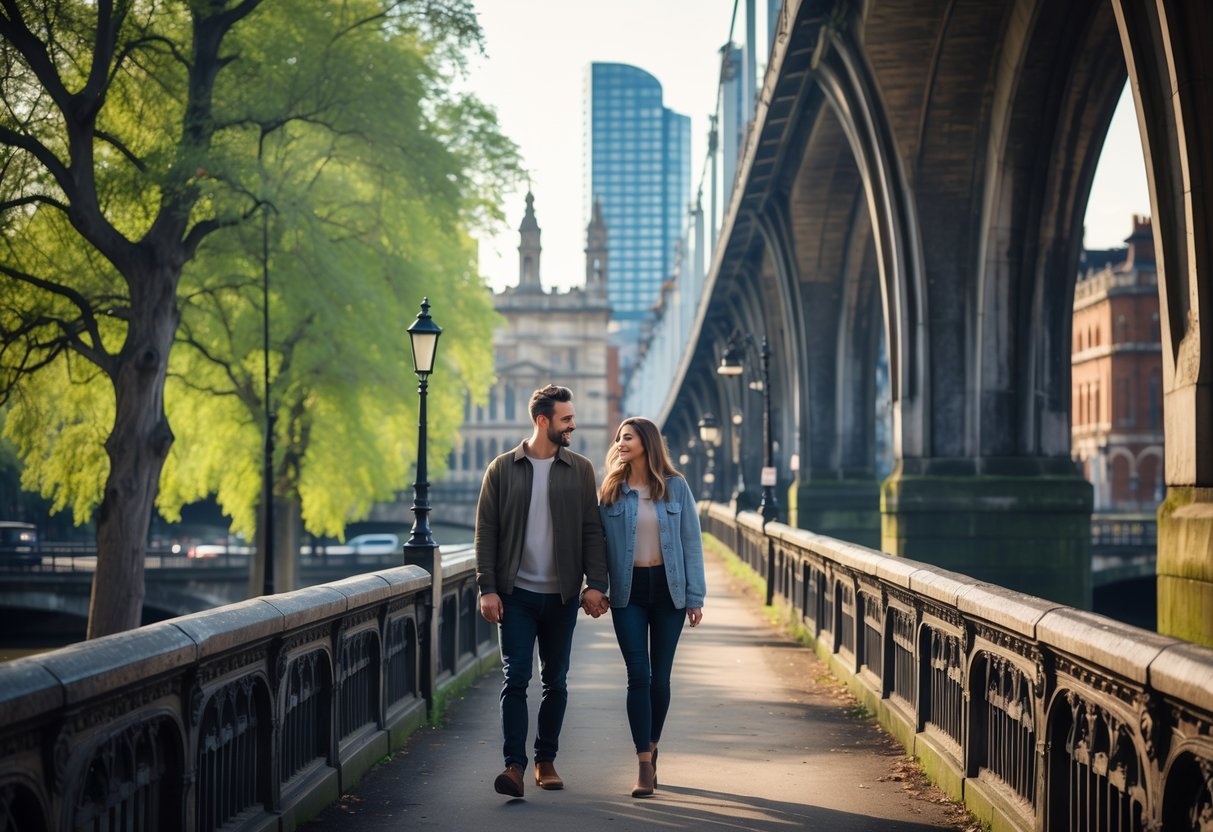 A young couple walking hand in hand along Holborn Viaduct in London with historic buildings and trees around them.