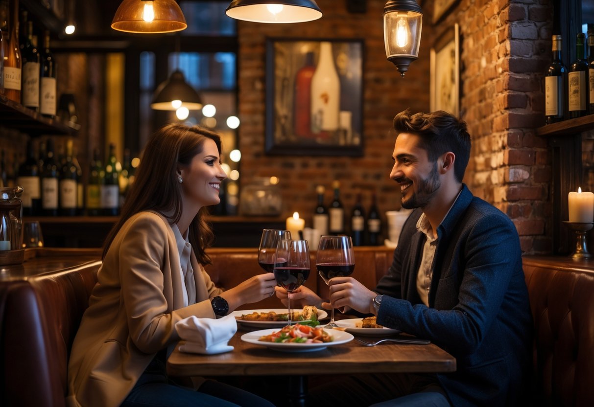 A young couple enjoying a romantic dinner at a cozy Italian restaurant with warm lighting and rustic decor.