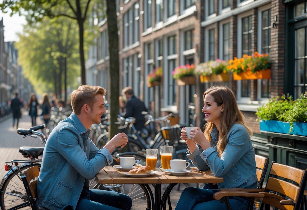 A young couple enjoying coffee together at an outdoor café terrace in a lively street with brick buildings and bicycles nearby.