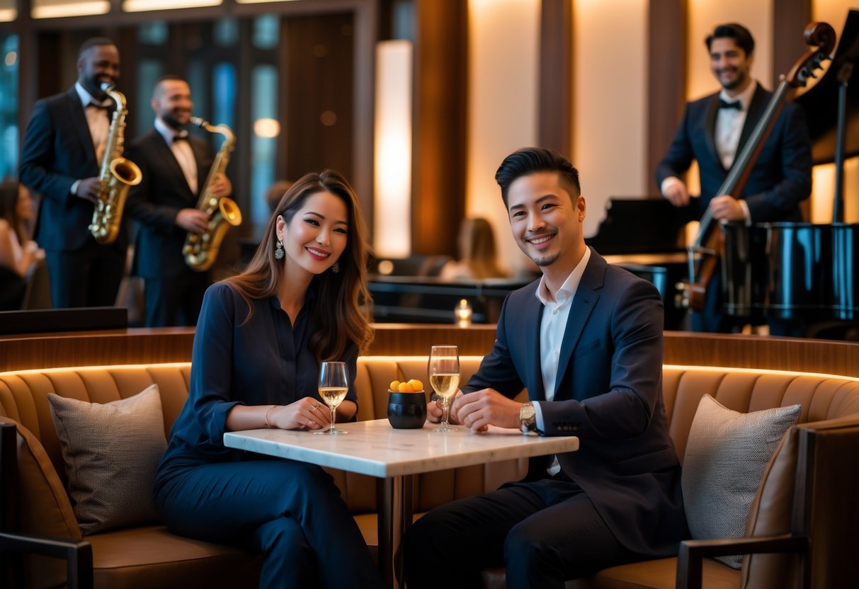 A couple enjoying live jazz music at a cozy lounge with a band playing on stage in an elegant setting.