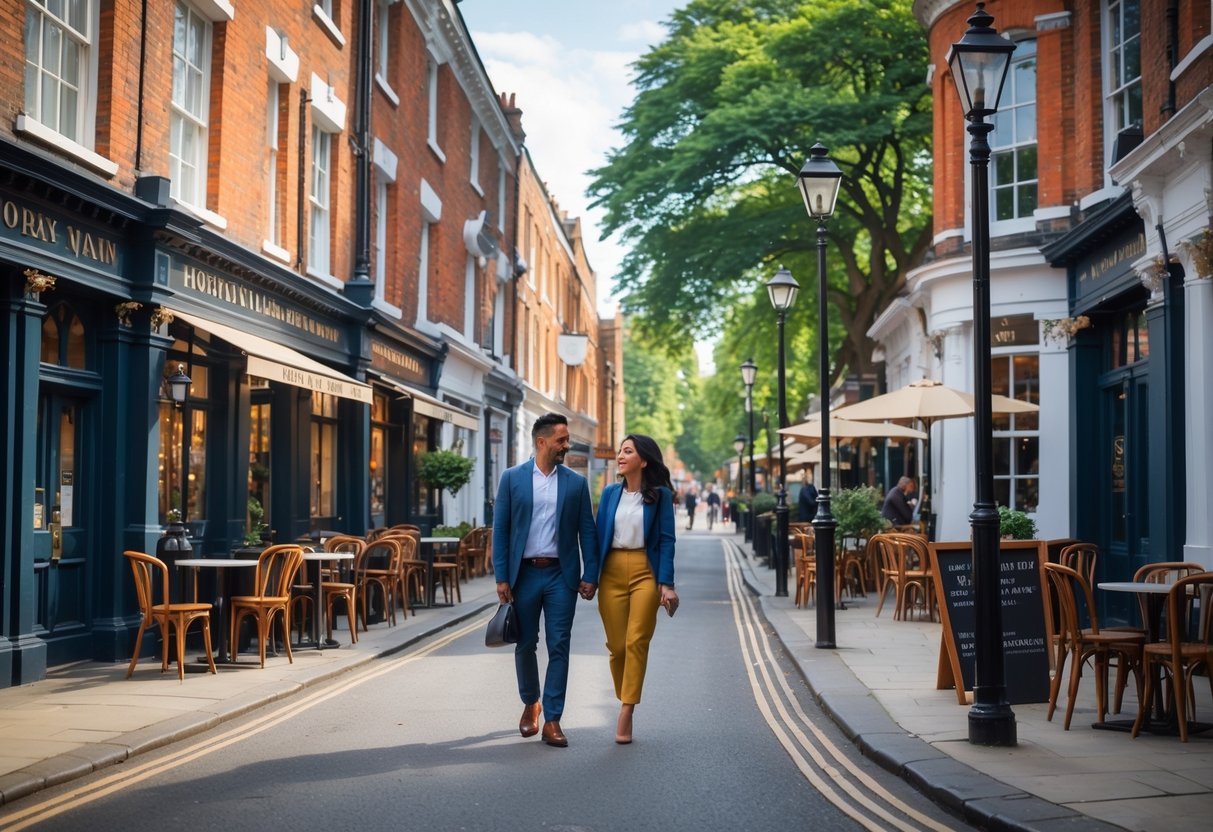 A couple walking along a historic street lined with classic buildings, trees, and outdoor cafes in Holborn, London.