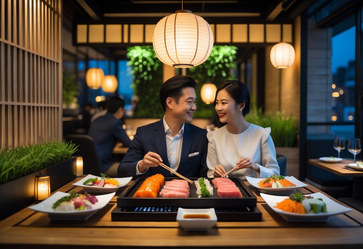 A couple enjoying a meal together at a Japanese barbecue restaurant with a grill on the table and various dishes around them.