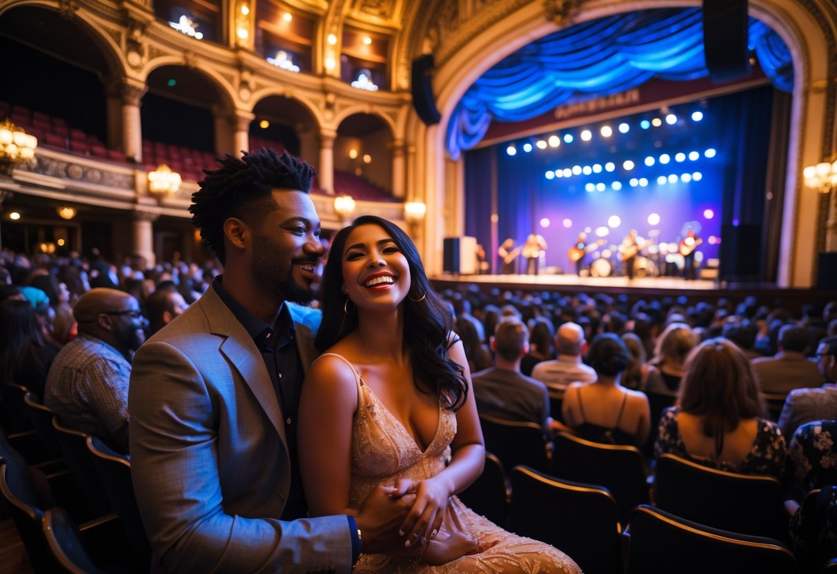 A couple enjoying a live concert inside the Fox Theatre with colorful lights and a lively crowd.