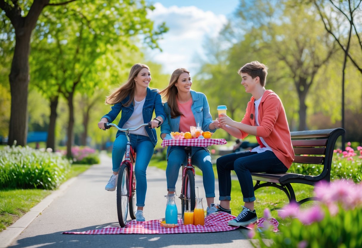 A teenage couple enjoying outdoor activities together in a sunny park, riding bikes, having a picnic, and sitting on a bench watching the sunset.