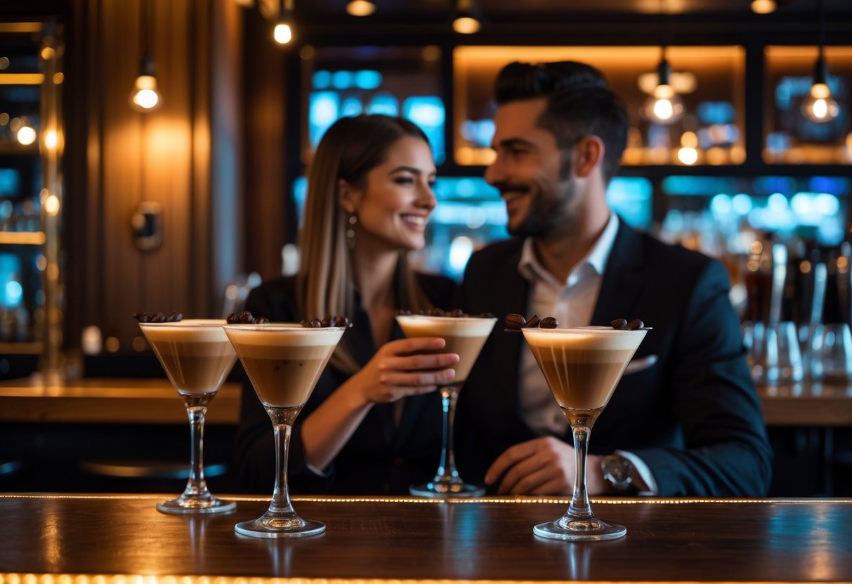 A couple enjoying espresso martinis together at a cozy bar with warm lighting.