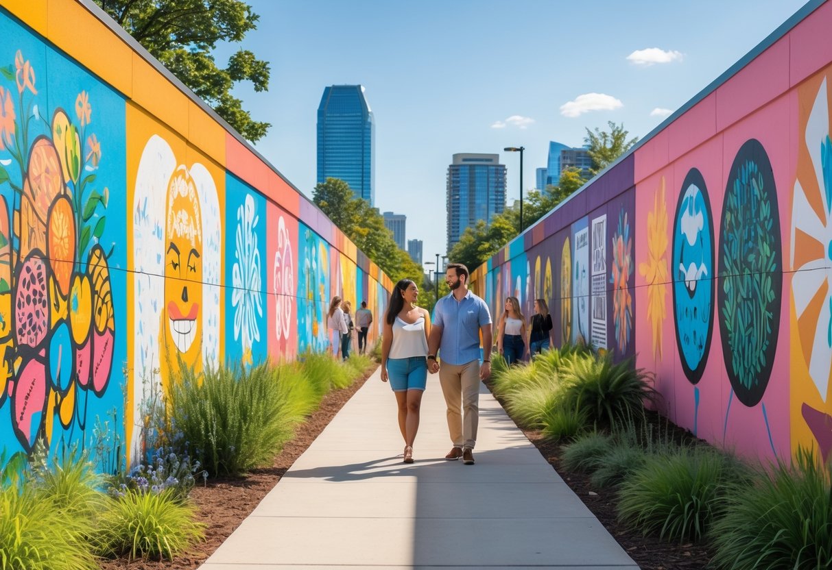A couple walking along the Atlanta BeltLine surrounded by colorful murals on urban walls during the day.