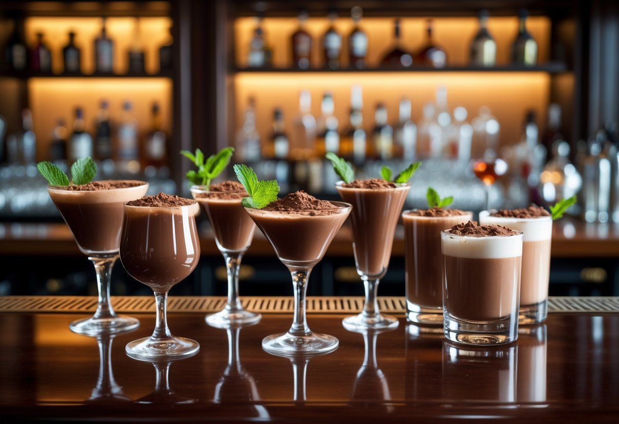 A selection of chocolate cocktails on a wooden bar counter in a stylish bar with blurred shelves in the background.