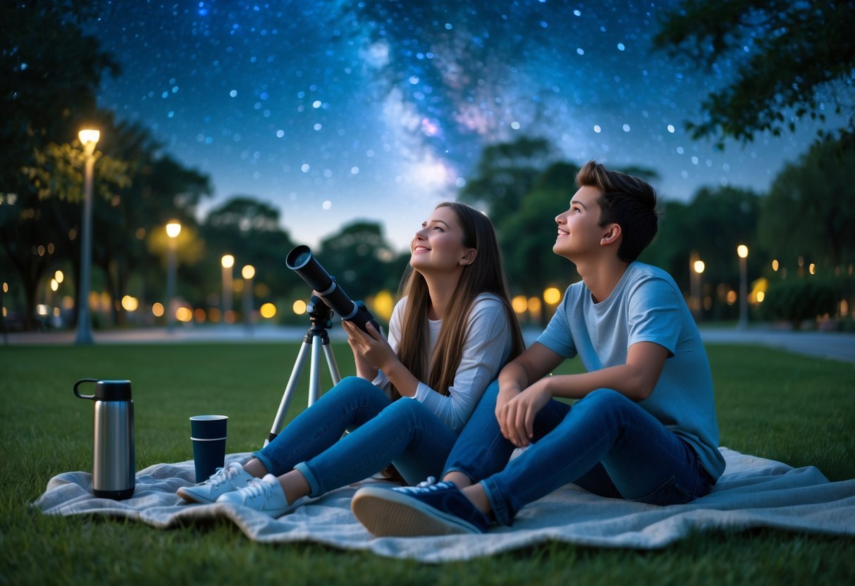 A teenage couple sitting on a blanket in a park at night, looking up at the starry sky together.