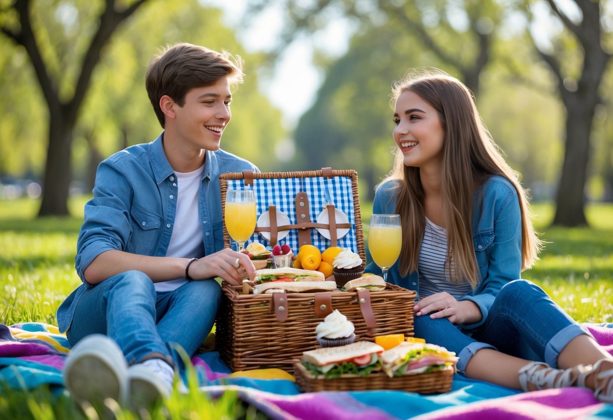 Teenage couple sitting on a picnic blanket outdoors with homemade snacks, smiling and enjoying a sunny day.