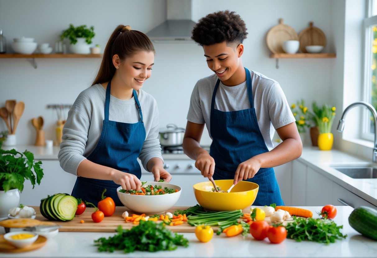 A teenage couple cooking together in a kitchen, smiling and preparing food.