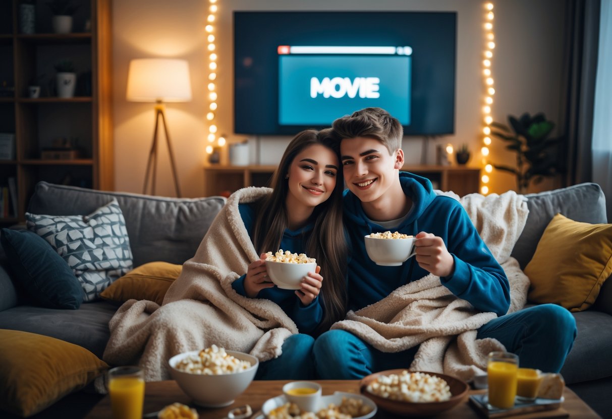 A teenage couple sitting together on a sofa watching a movie at home, sharing popcorn and drinks.