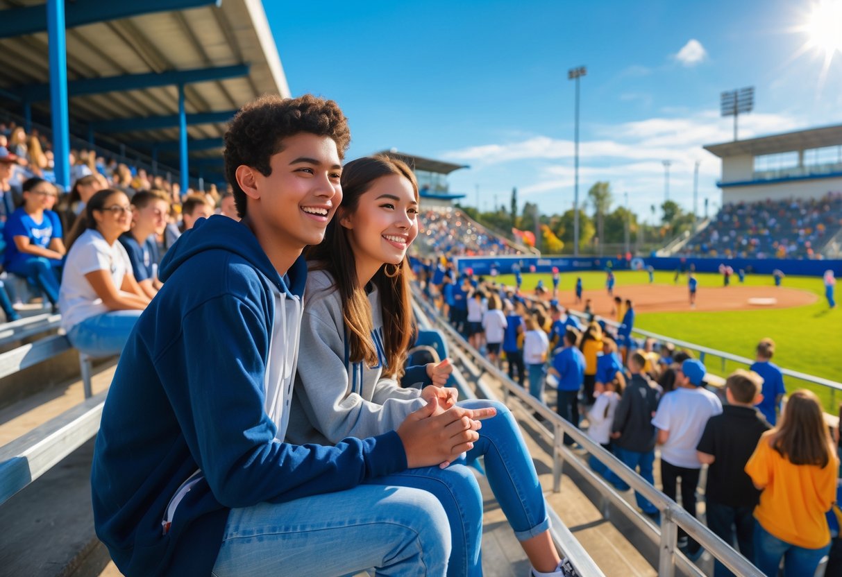 A teenage couple sitting together in a crowded outdoor stadium watching a local sports game on a sunny day.