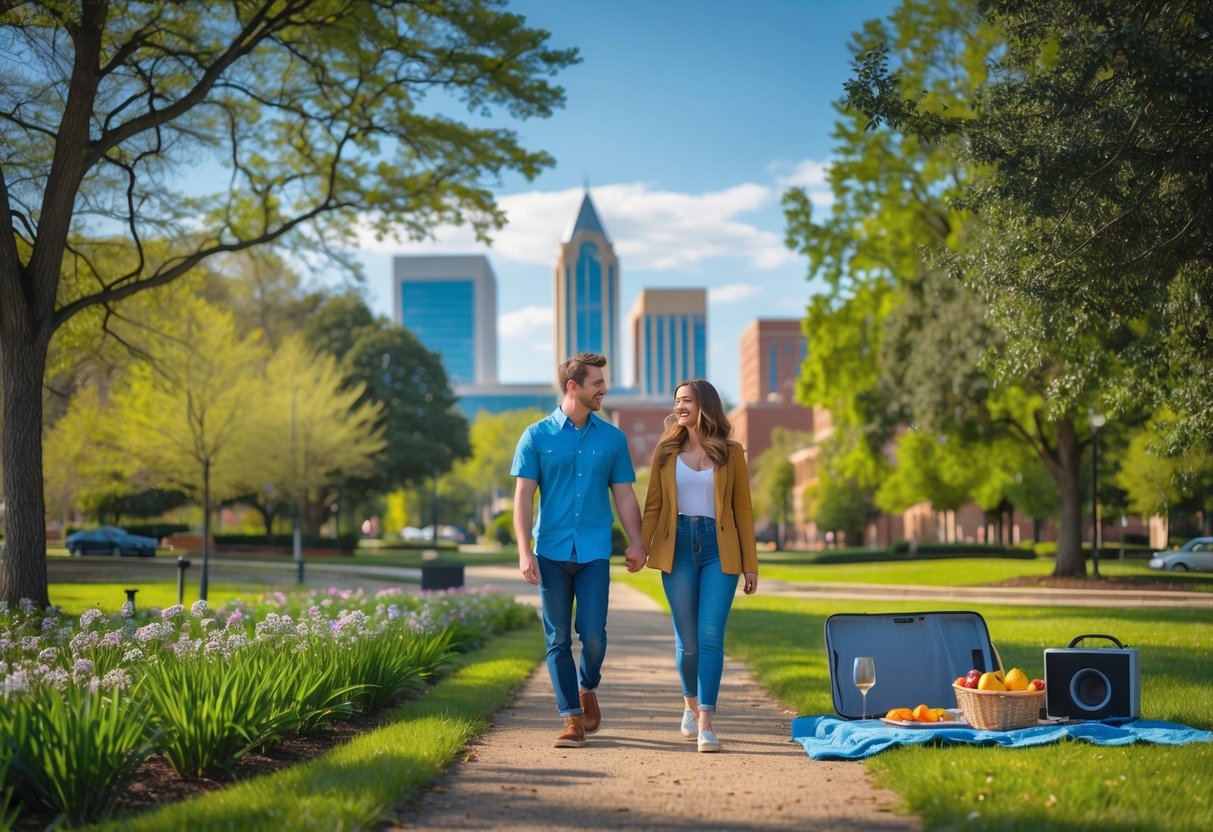A young couple walking hand-in-hand through a green park in Huntsville, Alabama, with a picnic setup nearby and the city skyline in the background.
