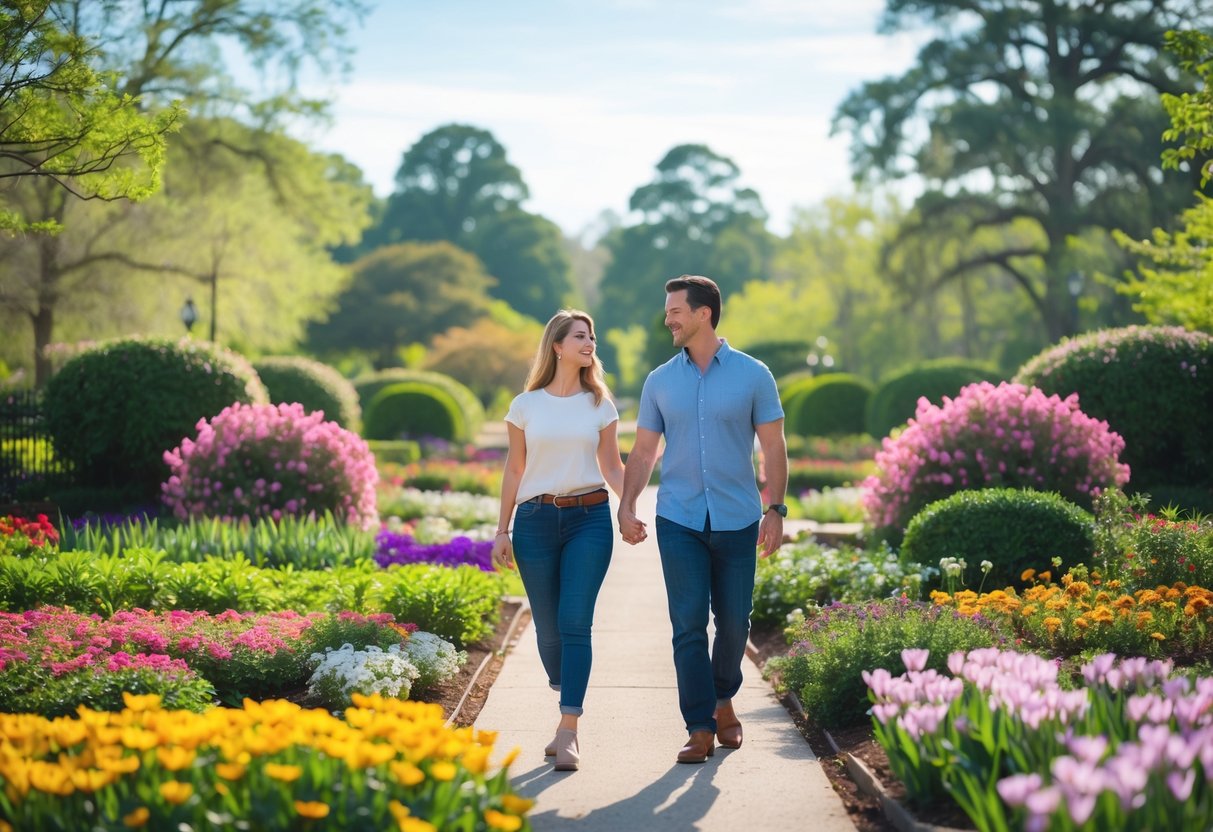 A couple walking hand in hand along a flower-lined path in a botanical garden.