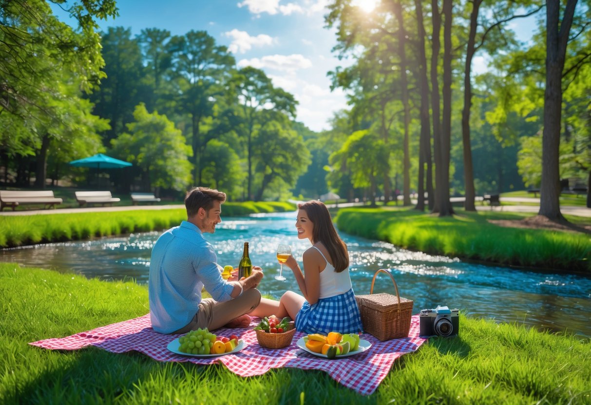 A young couple enjoying a picnic on a blanket beside a clear spring surrounded by trees and flowers in a park.