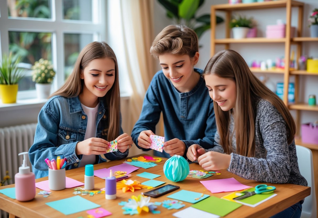 Two teenage couples happily working together on a DIY craft project at a table filled with colorful supplies in a bright room.
