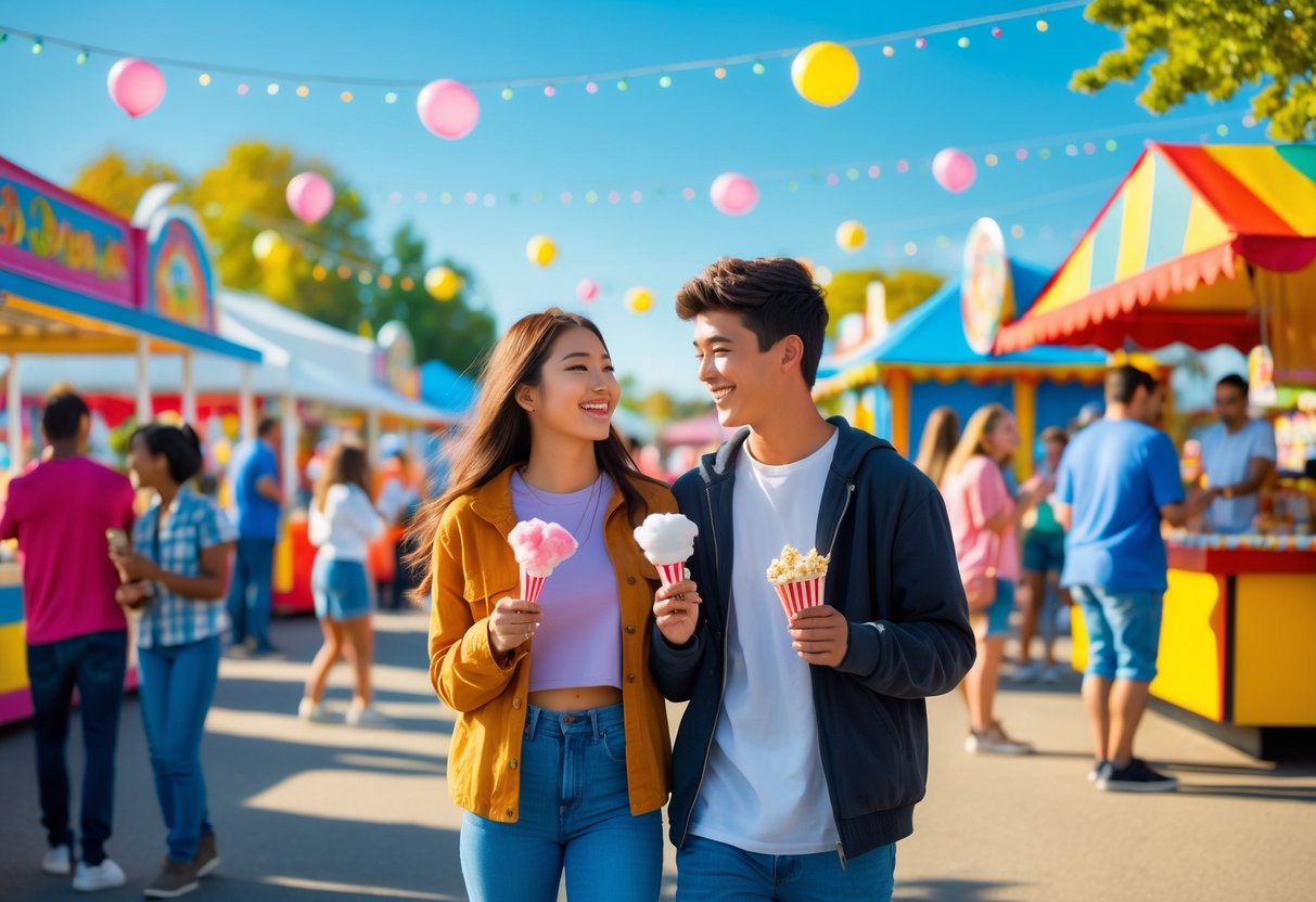 A teenage couple smiling and enjoying a community fair with colorful booths and people in the background.