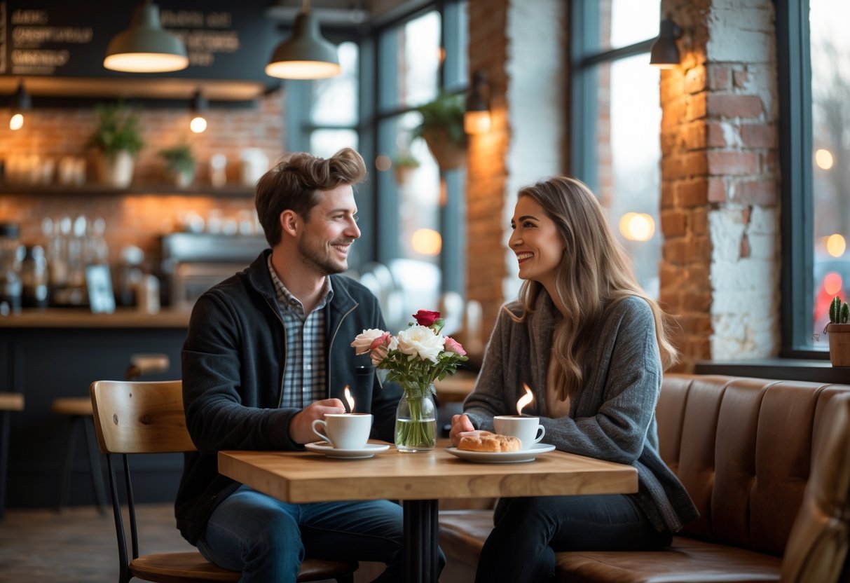 A young couple enjoying coffee together at a small table inside a cozy café.