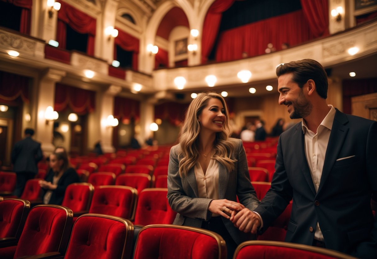 A couple smiling and holding hands while finding their seats inside a warmly lit theater with red velvet seats and ornate decorations.