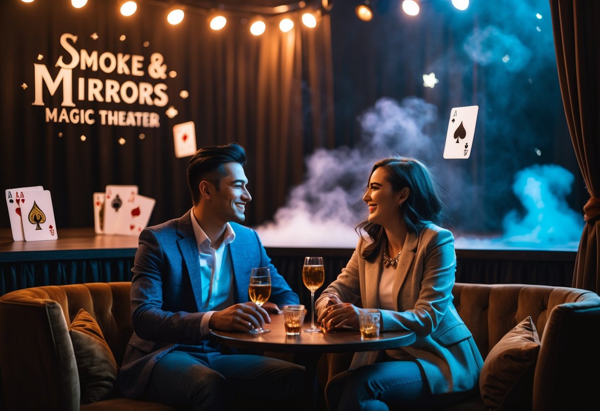 A couple enjoying a date night at a magic theater with warm lighting and a stage with magical props in the background.