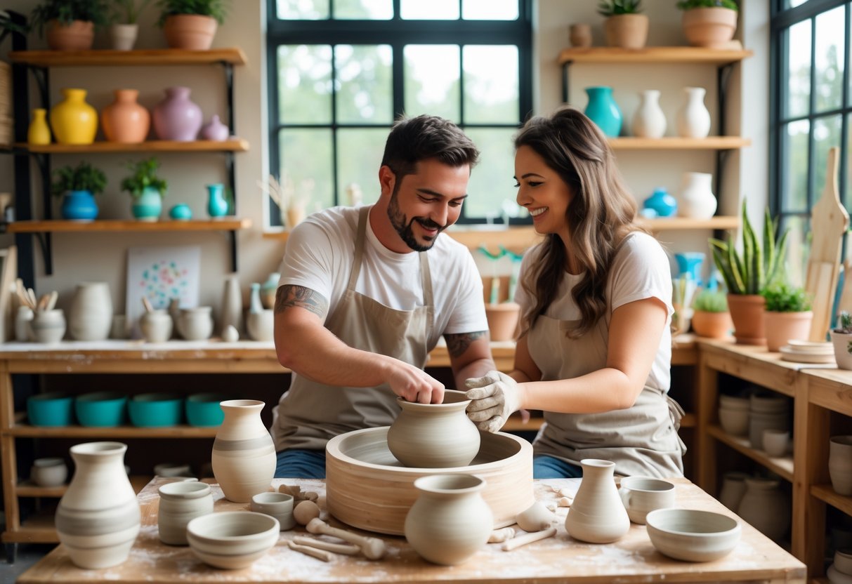 A couple shaping clay together on a pottery wheel inside a warm, well-lit pottery studio with shelves of finished ceramics in the background.
