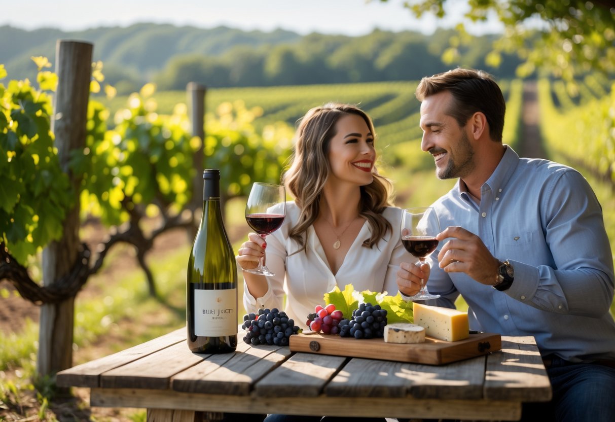 A couple enjoying wine tasting outdoors at a winery with grapevines and a wooden table with wine glasses and cheese.