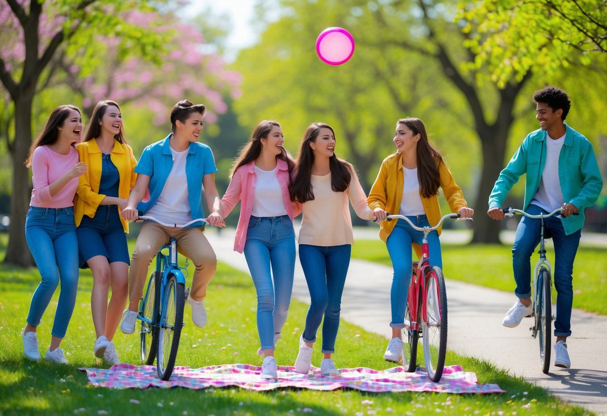 Teen couples spending time together outdoors, enjoying activities like picnicking, biking, and playing frisbee in a sunny park.