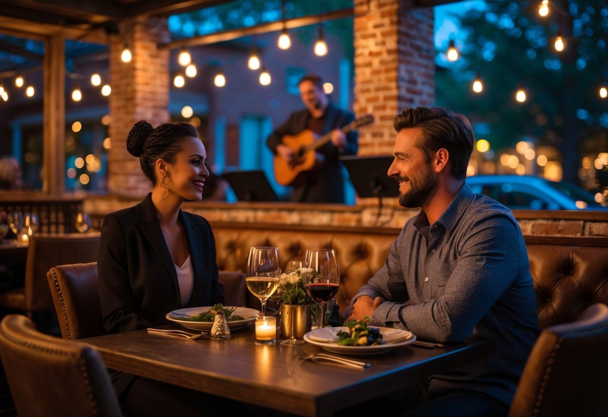 A couple enjoying dinner at a restaurant with a live band playing in the background.