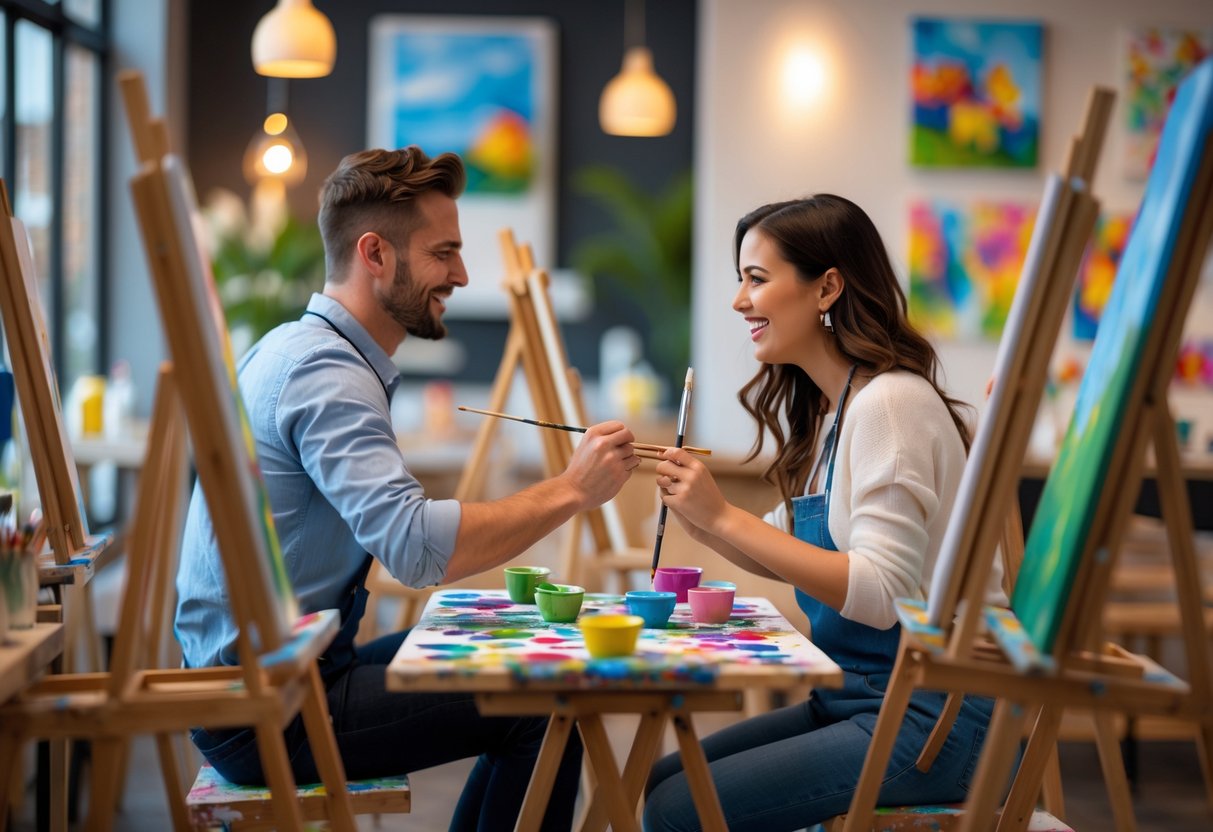 A couple painting together in a cozy art studio, smiling and enjoying their creative activity.