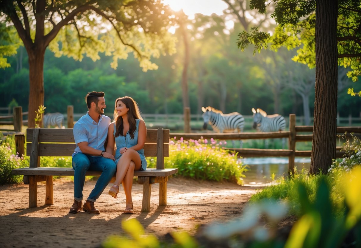 A young couple sitting on a bench surrounded by trees and greenery with safari animals grazing in the background at a park.