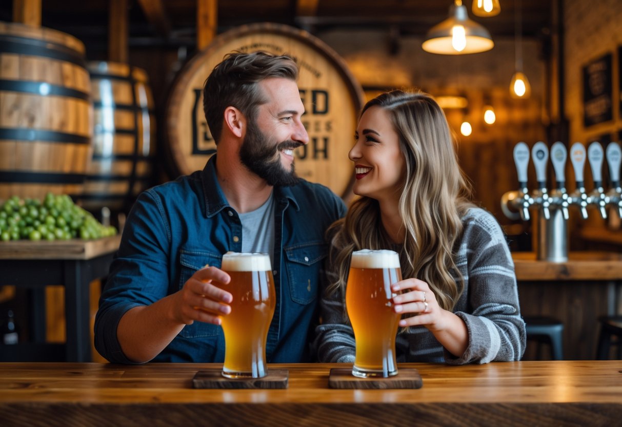 A couple enjoying craft beers together inside a cozy brewery with wooden barrels and brewing equipment around them.