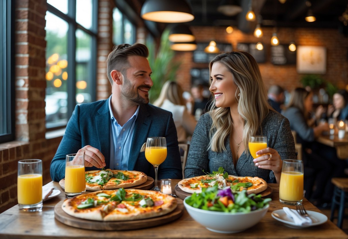 A couple enjoying brunch together at a wood-fired pizza restaurant with rustic decor and natural light.