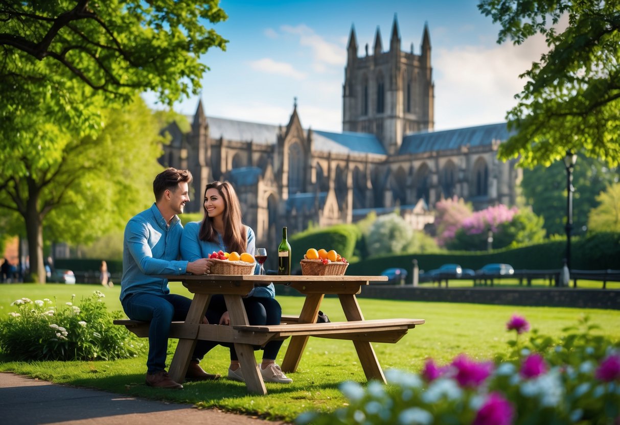 A young couple sitting at a picnic table near Hereford Cathedral, enjoying a sunny day outdoors with greenery and flowers around them.