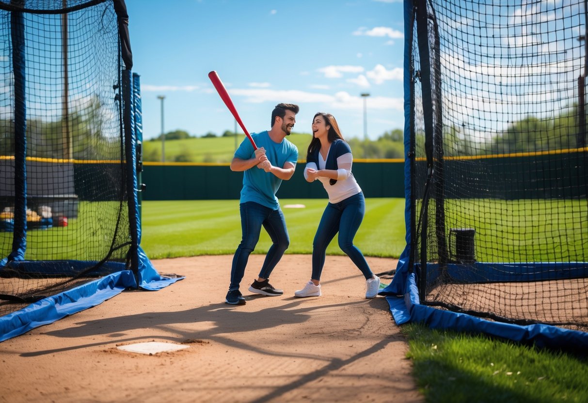 A young couple enjoying batting cages outdoors at Freddy Hill Farms on a sunny day.