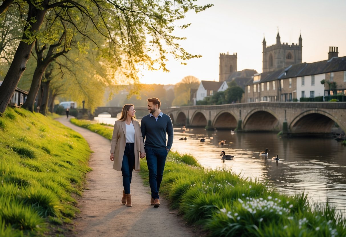 A couple walking hand-in-hand along a riverside path with green grass, trees, and a calm river reflecting the sunset, with bridges and buildings in the background.