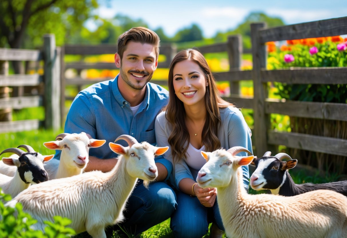 A couple enjoying a visit to a petting zoo, interacting with goats and sheep in a green farm setting.