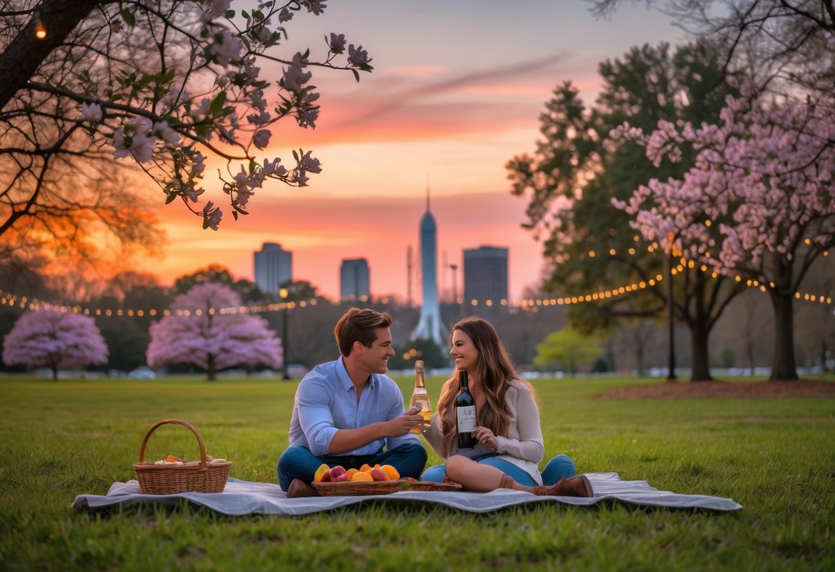 A young couple having a picnic at sunset in a park with blooming flowers and the Huntsville skyline, including a rocket, in the background.