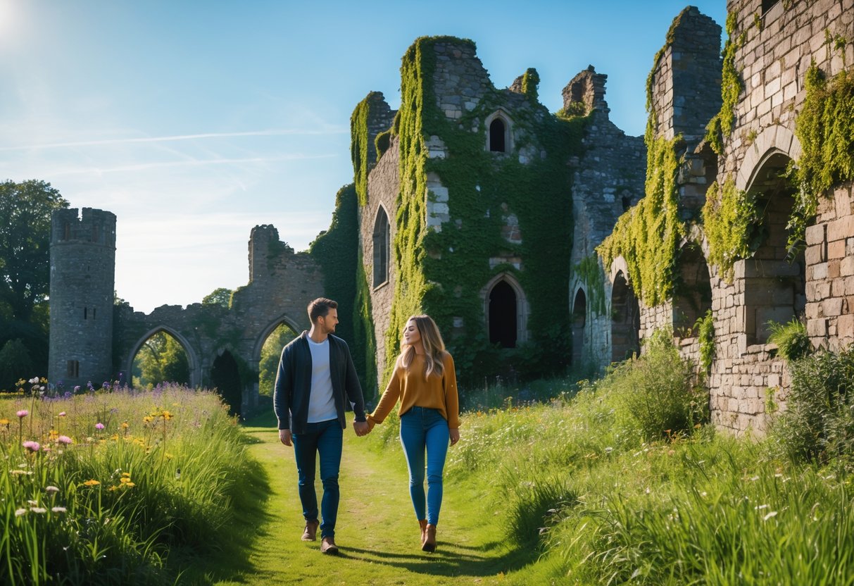 A young couple walking hand in hand through the ruins of an old stone castle surrounded by grass and greenery on a sunny day.