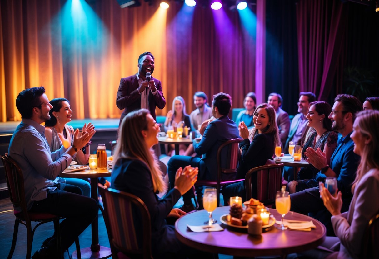 Couples and friends enjoying a comedy cabaret show in a small theater with a comedian performing on stage.