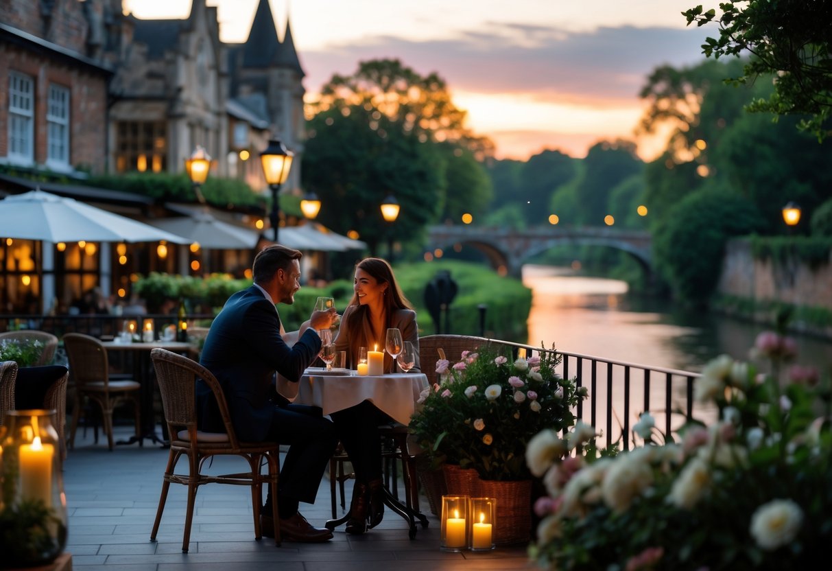 A couple dining outdoors at a small table with flowers and candlelight in a charming town setting during sunset.
