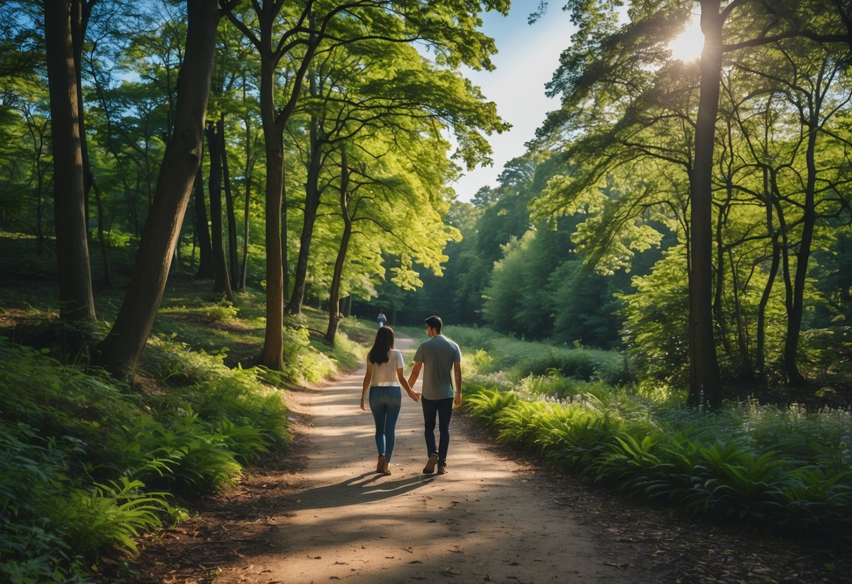 A young couple walking hand in hand along a dirt path through a green, sunlit forest in Madley Woods nature reserve.