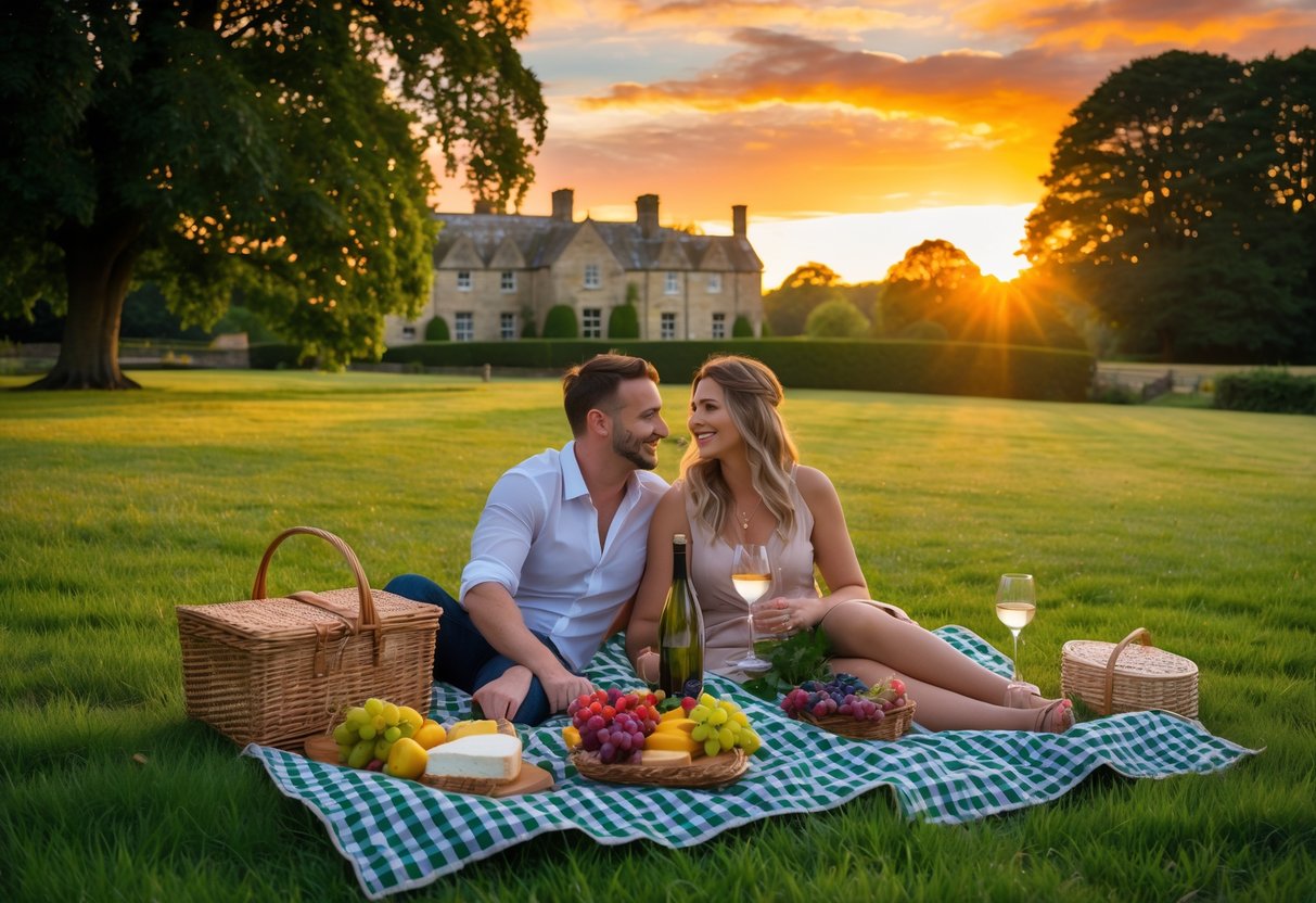 A couple enjoying a sunset picnic on a blanket in a green meadow near a historic manor house with colorful sky in the background.