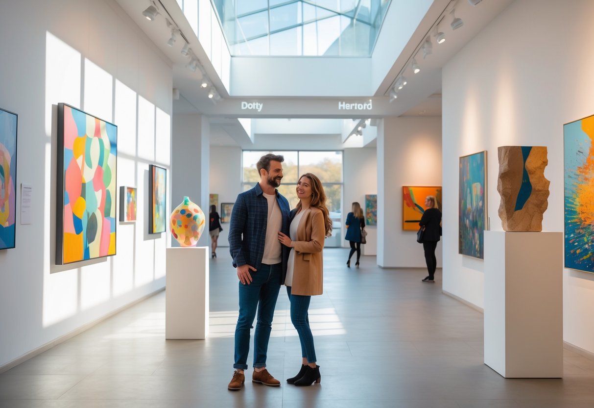 A couple enjoying a visit to an art gallery, looking at paintings on the walls.