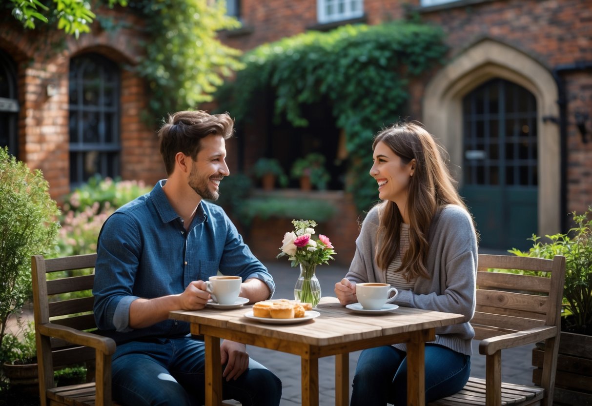 A young couple enjoying coffee together at a small table in a sunny outdoor courtyard surrounded by greenery and brick walls.