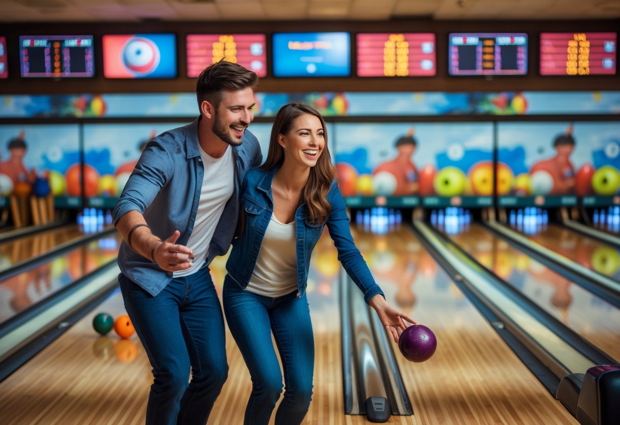 A young couple bowling together at a busy bowling alley, smiling and having fun.
