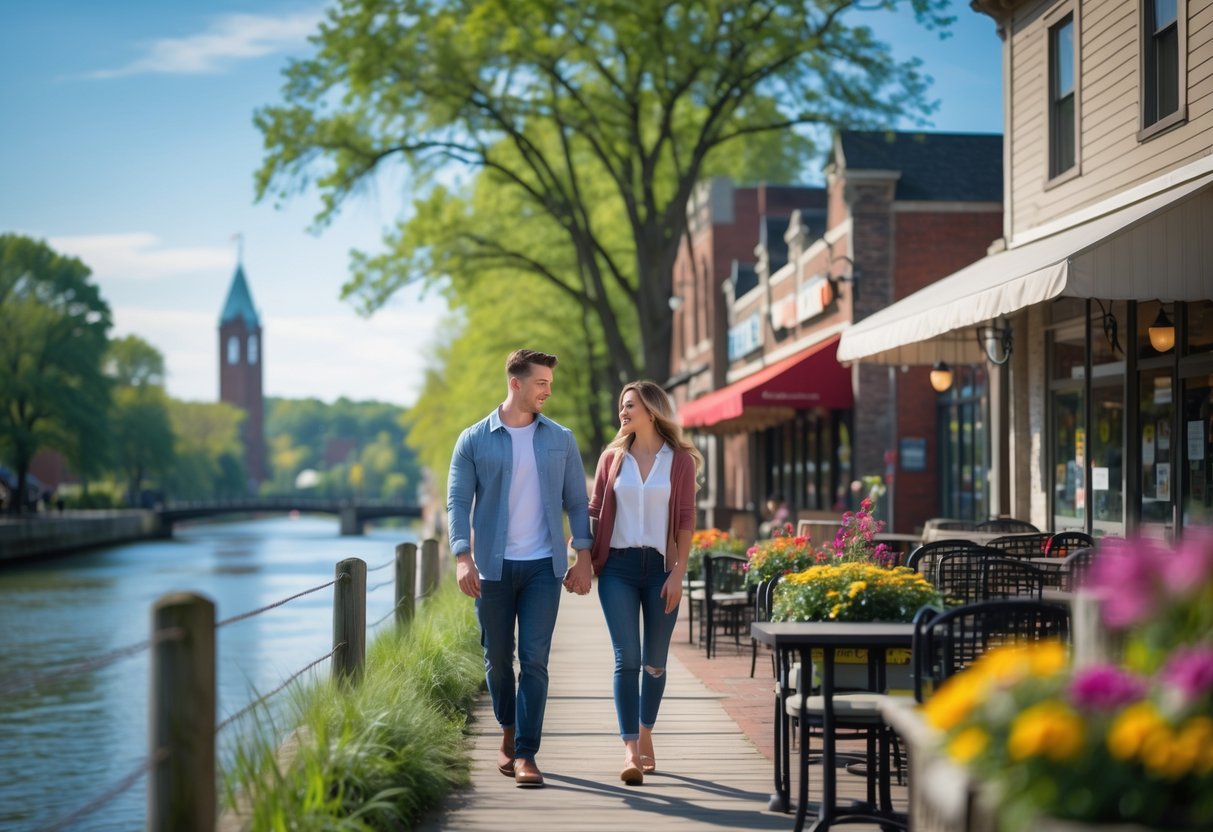 A young couple walking hand in hand along a river boardwalk with trees and a small café nearby in Kent, Ohio.