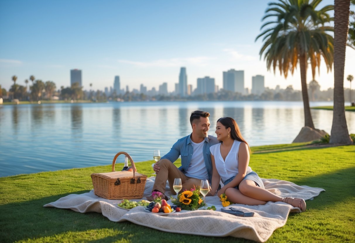 A couple having a picnic on a blanket by Echo Park Lake with the Los Angeles skyline in the background.