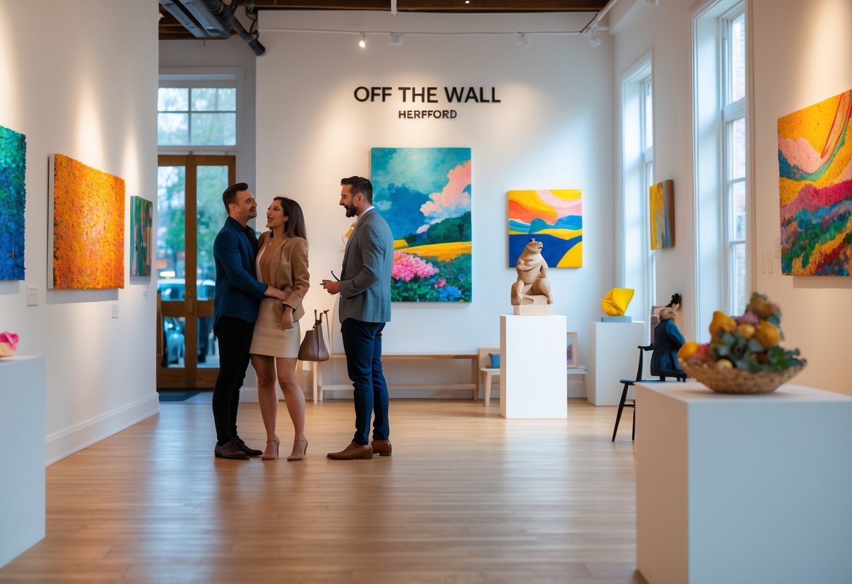 A couple admiring artwork inside a bright local art gallery.