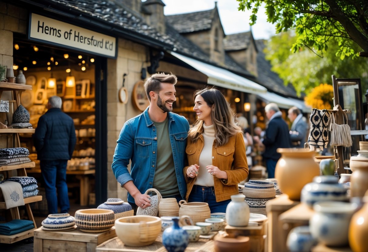 A couple browsing handmade crafts at an outdoor market in Hereford on a sunny day.