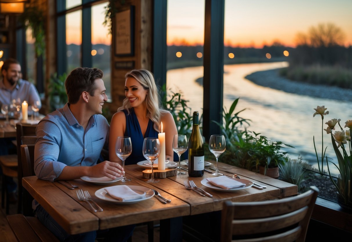A couple enjoying a romantic dinner at a cozy restaurant by a river at dusk.